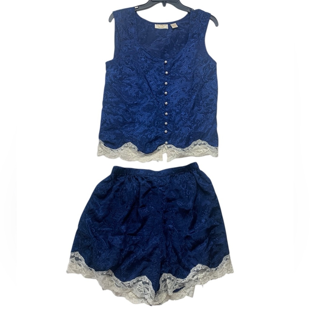 Victoria's Secret size medium gold label set pj Blue Sleeveless Blouse Lace Hem